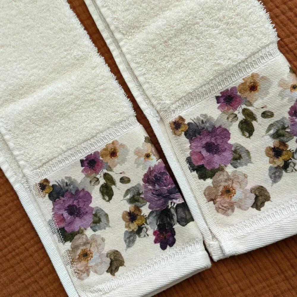 Ivory, Purple, and Green Floral Bathroom Hand Towels